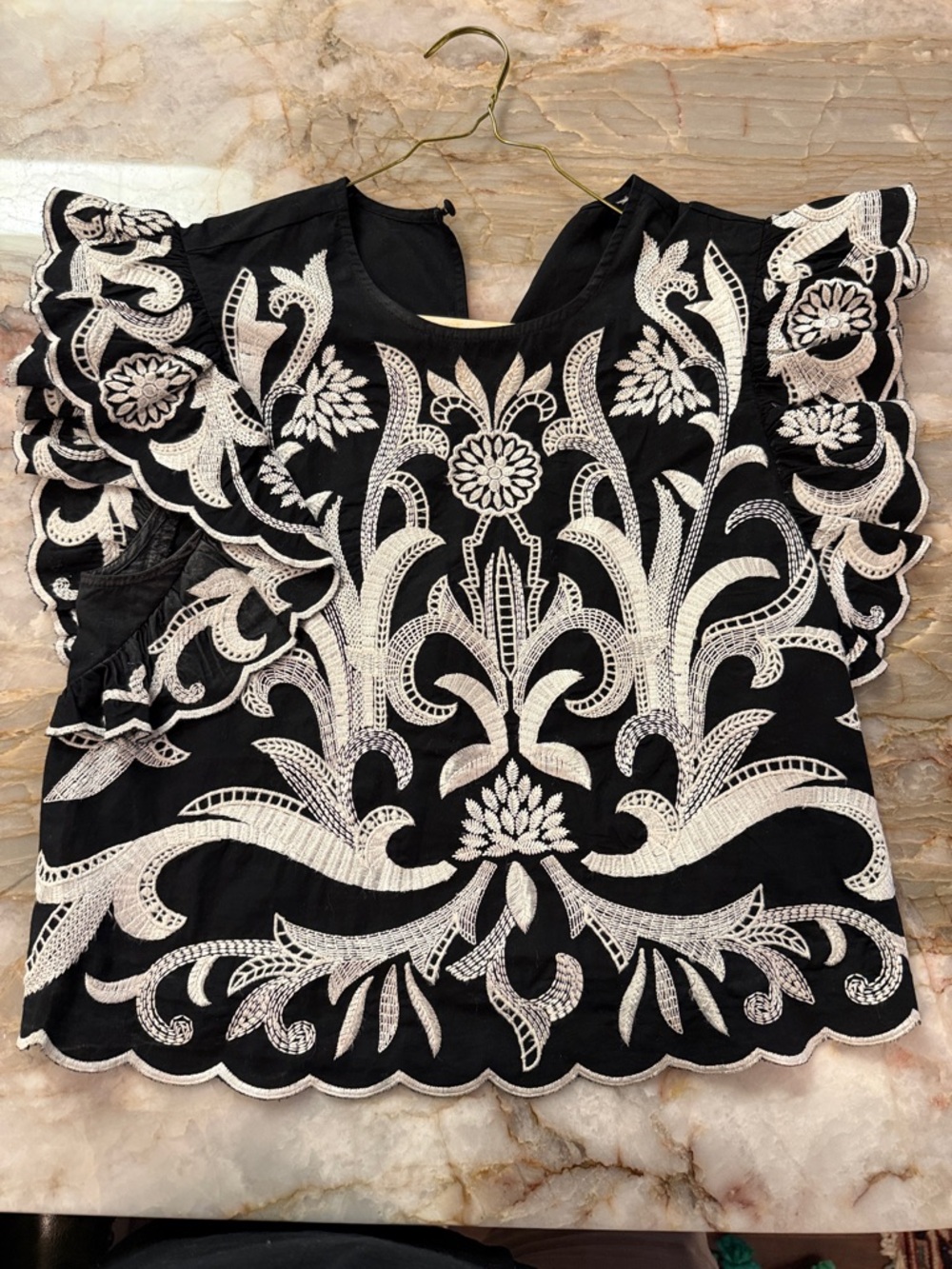 Express Black Top with White Embroidered Scalloped Flutter Sleeves